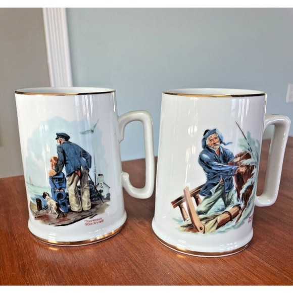 Norman Rockwell Other - Norman Rockwell Vintage Coffee Mugs Cups Set of 2 White W/ Gold Trim